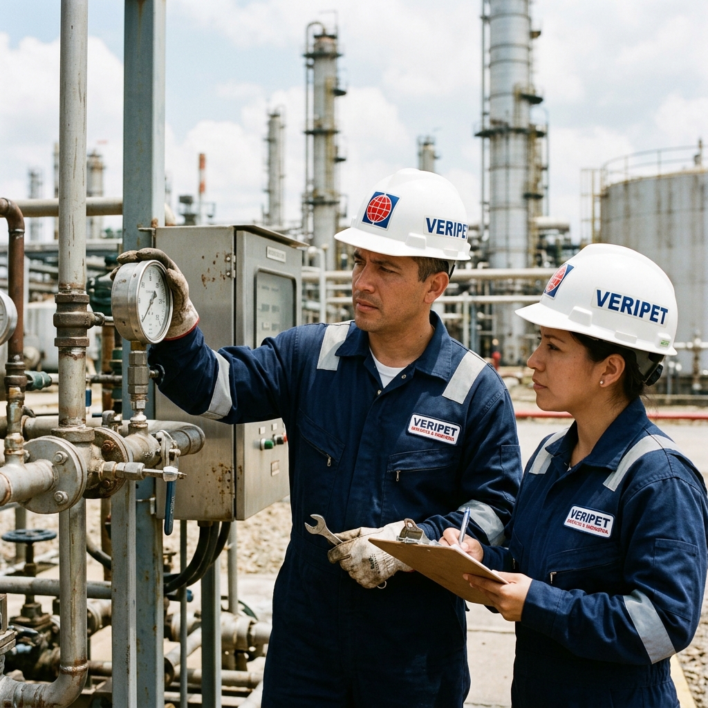Equipo de Ingenieros y Metrólogos de Veripet en inspección de planta petrolera